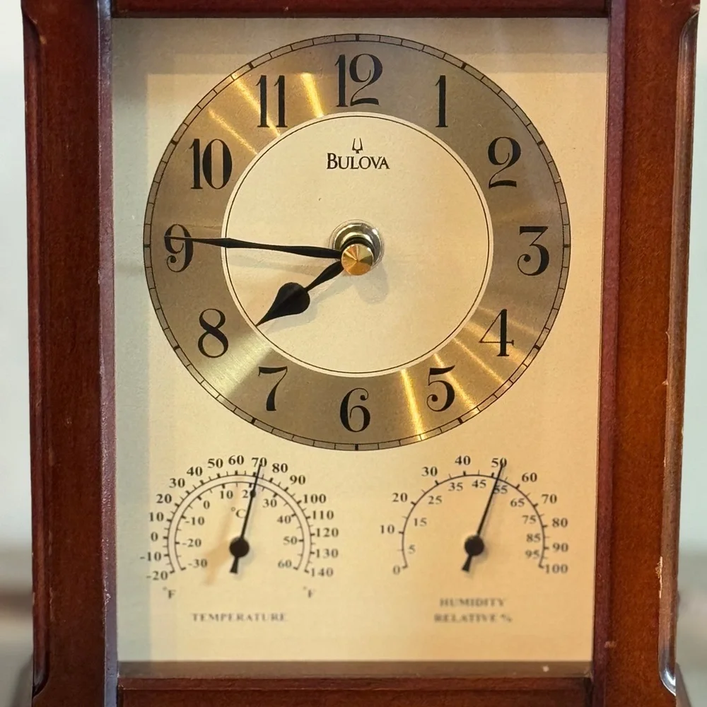 Vintage Bulova Gold and Brown Mantle Clock with Thermometer and Hygrometer